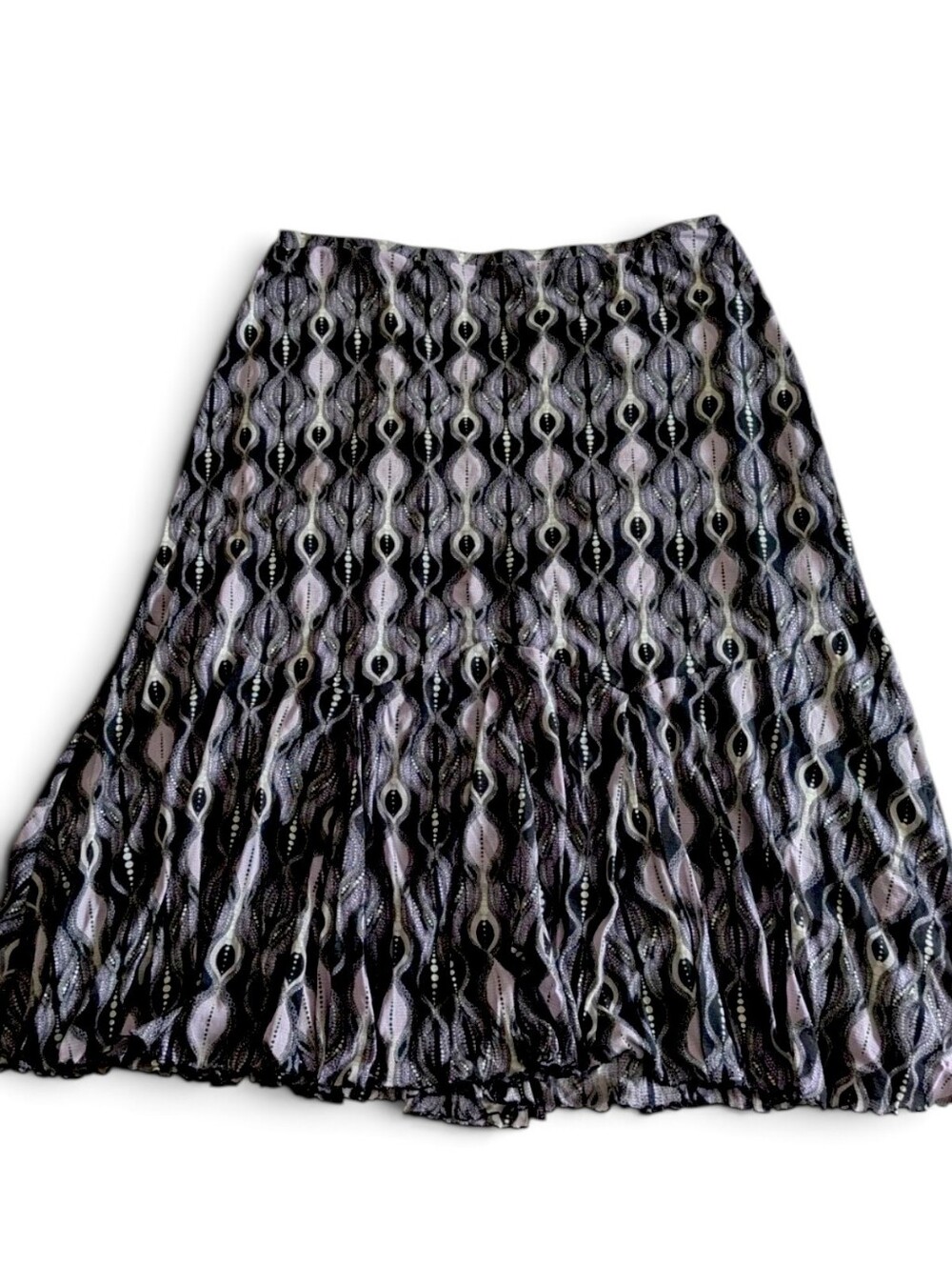 VTG Y2K Emma James Lavender Black Printed Mesh Lettuce Hem Midi Skirt 1X